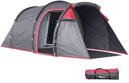 Outsunny Tienda de Campaña Familiar Tipo Túnel 2 Personas Plegable a Prueba de UV 20+ Grande con Vestíbulo y 4 Estaciones para Camping Senderismo Impermeable 2000+ mm 426x206x154 cm Gris Oscuro