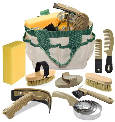 inoreal Professional 10 Pieces Horse Grooming Kit with Tote Bag, Horse Brush & Curry Comb Set for Effective Grooming and Bathing, Equine Coat Care Tack Room Supplies, Horse Gifts for Girls