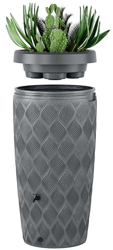 Regentonne-Regenfass 240 Liter mit im Deckel integrierter Pflanzschale Modell Flow Farbe anthrazit Regenwassertank mit Wasserhahn