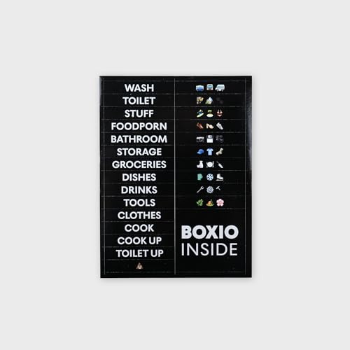 BOXIO - Stickers: 26 Wetterfeste selbstklebende Etiketten für BOXIO Toilet, Wash, Cook, Solo perfekt als Organizer für Camping, Outdoor, Haushalt - Wasserfest, Fotosticker, Labels, Aufkleber
