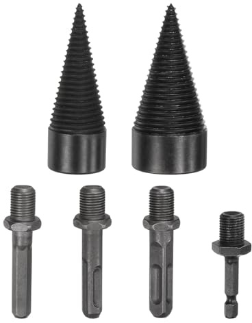M METERXITY 2-Pack Wood Splitter Drill Bit 32mm + 42mm + 4 Handles (Square + Round + Hex Shank + Small Hex) Firewood Log Splitter Drill Bit for Family/Outdoor/Stove/Farm [Black+Grey]