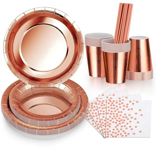 DN DENNOV 80 Stück Rose und Gold Partybedarf, bedient 16 Personen Partygeschirr inklusive Pappteller, Becher, Servietten, Strohhalm für Hochzeitsdusche, Verlobung, Hochzeit, Geburtstag(16, Roségold)