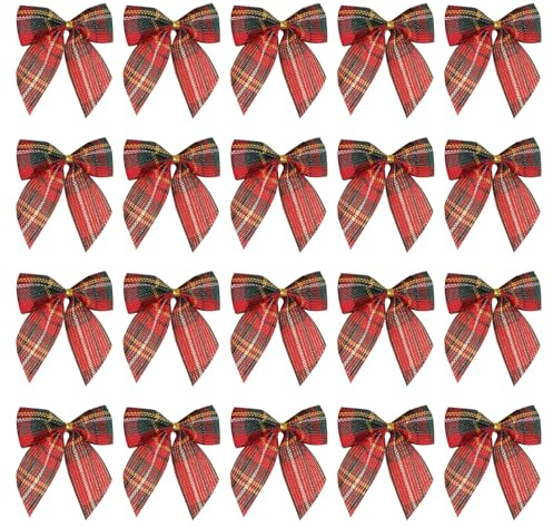 RmKbe 20pcs Red Tartan Check Bows Christmas Buffalo Plaid Bows Decorations Mini Plaid Ribbon Bows Indoor Outdoor Home Decoration for DIY Crafts Christmas Tree Decoration (7 * 7.5cm)