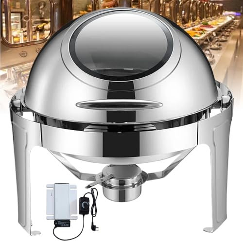6L Food Warmer Chafing Dish, 2-in-1 Stainless Steel Round Chafing Dish with 400W Heating Plate, Visual Glass/35-85℃ Adjustable Temperature Control, Portable Chafing Dish Buffet Server, for Catering