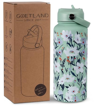 Goetland Isolierte Trinkflasche Blumen 1l Edelstahl Wasserflasche mit Strohhalm Griff Doppelwandige Vakuumflasche Trinkbecher Auslaufsicher für Frauen und Männer Hell Grün