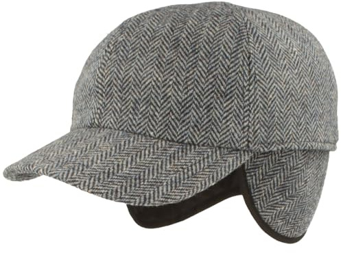 Breiter Men's Winter Baseball Cap Peaked Cap Baseball Cap with Fold-Out Ear Protection - Wool Baseball Cap in Herringbone Design & Quilted Lining, Light Blue Herringbone, 7 7/8