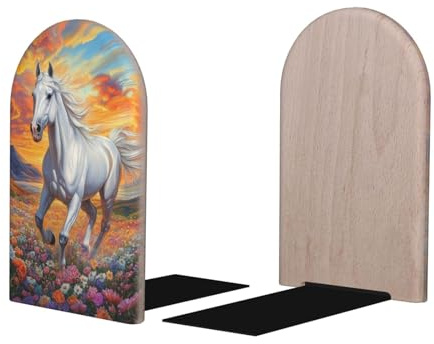 Mexpekil Buchstützen aus Holz, Motiv: weißes Pferd, Blumen, Berg, für Regale, robuster Buchhalter, Organizer, rutschfester Buchstopper für Schreibtisch, Büro, Bibliothek für Leser, 1 Paar
