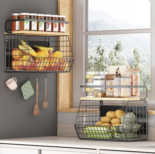 UMDONX 2 Pack Magnetic Fruit Baskets Hanging Fridge Shelf Vegtable Storage Organiser, Counter Spice Rack for Kitchen Pantry, Durable Metal Wooden Top Heavy-duty Black