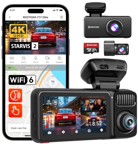 REDTIGER F17 Elite 4K 3 Kanal Dashcam Auto, STARVIS 2 IMX678 & IMX 675 | 128GB Karte, Full Night Color, 4K+2.5K+1080P Vorne und Hinten Innen, Sprachsteuerung, 5GHz WiFi 6, GPS, HDR, Parkmodus