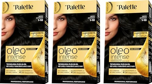 Syoss by Palette Oleo Intense, colorazione permanente, copertura professionale capelli bianchi, 1-10 Nero Intenso, confezione da 3