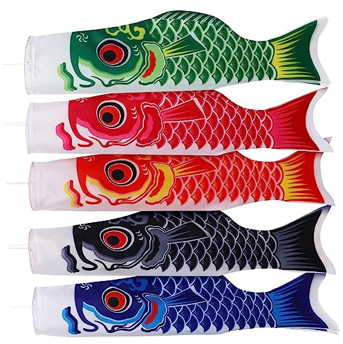 Abaodam Set 5pezzi Koinobori Giapponesi in Tessuto Lucido, Bandiera Giapponese a Forma di Pesce per Decorazione Giardino e Cortile, Facile da Usare da Riporre