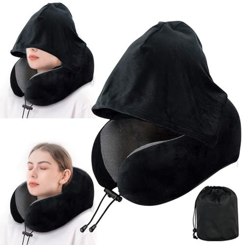 Nackenkissen Flugzeug nackenhörnchen mit Kapuze, Memory Foam Reisekissen mit Abnehmbarer Kapuze, nackenkissen Erwachsene für Auto, Zuhause, Büro