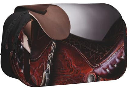 Pferdesattel mit Cowboyhut, Wilddruck, Federmäppchen, großes Fassungsvermögen, Stifteetui mit 2 Fächern, Stifthalter, Organizer, Schreibwaren-Tasche