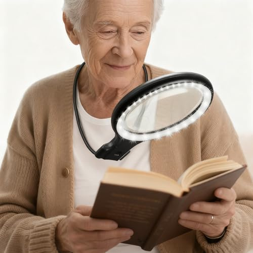 Turmegtt 5X 10X Large Magnifying Glass with Light, 3-in-1 Hands Free Neck Magnifying Glass, 3 Color LED for Books Handheld, Neck-Worn & Desktop Use for Seniors