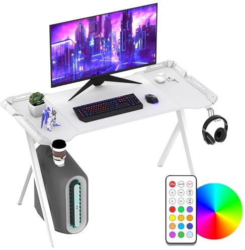 YRHome LED Gaming Schreibtisch mit Y-Gestell Stabilität durch rutschfeste Füße Gaming Tisch mit RGB-Beleuchtung & Fernbedienung Computertisch Kopfhörerhalter & Becherhalter Weiß - 120x60x75cm