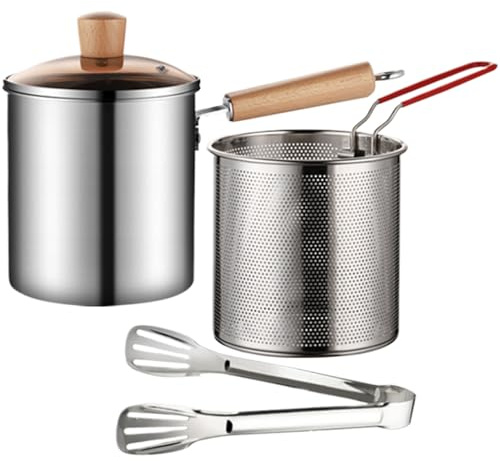 DAGLLGEW Olla freidora de Acero Inoxidable de 3 litros con Cesta coladora y asa. Apta para vitrocerámica, con Tapa Transparente y Pinzas para freír Pescado, gambas, Pollo Patatas Fritas.