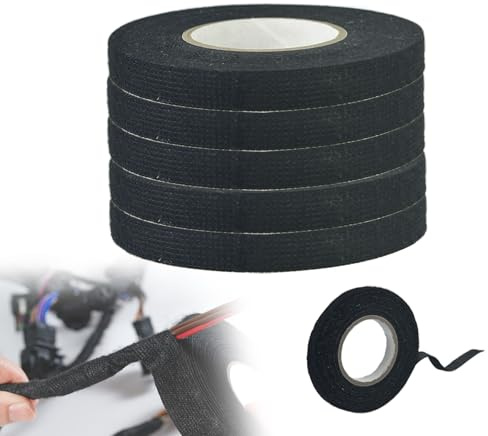 SEYUGOPTI 5 Rolls Automotive Wire Harness Tape, High Temp Adhesive Fabric Tape for Cars & Motorcycle - Noise Damping, Vibration Reduction, Insulation Protection, Residue-Free, Black 0.35in x 50ft