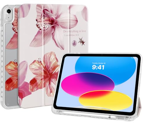 Fycyko Hülle für iPad 11. Generation A16 2025/10. Generation 2022,iPad 11 Zoll Hülle Klare Durchsichtig Rückseite mit Stifthalter,Hibiskus Lilien Blume Trifold Ständer Schutzhülle Ästhetisches Rosa