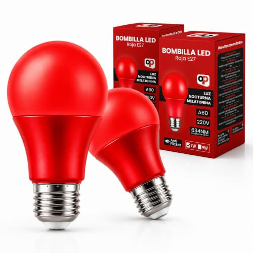 OUTLET PRODUCTOS 1000 Bombilla Luz Roja E27 para Dormir y Melatonina | Pack 2 Bombillas LED de 7W Nocturnas 634nm sin Luz Azul | Luz Roja Bebé, Descanso y Biohacking | Anti Flicker (7, Vatios)
