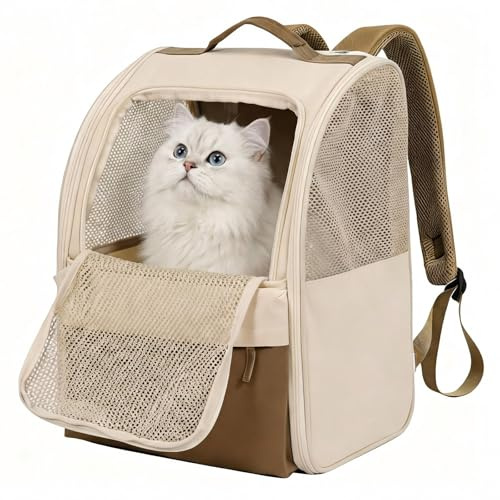 Kattryggsäck, katttransportväska, hundryggsäck, vikbar med stort nätfönster, lätt, 600d slitstarkt oxfordtyg, för små hundar och katter, 30 x 27 x 41,5 cm (0–7,5 kg)