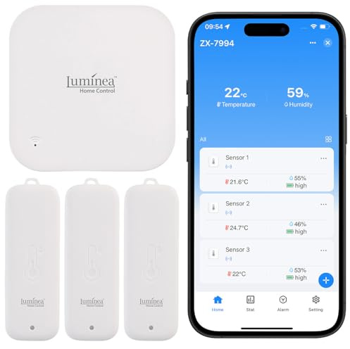 Luminea Home Control Temperatursensor: 3er-Set Temperatur- & Feuchtigkeitssensoren, WLAN-Gateway, App, IP65 (Gewächshausthermometer, Raumtemperaturfeuchtigkeitssensor, WC)