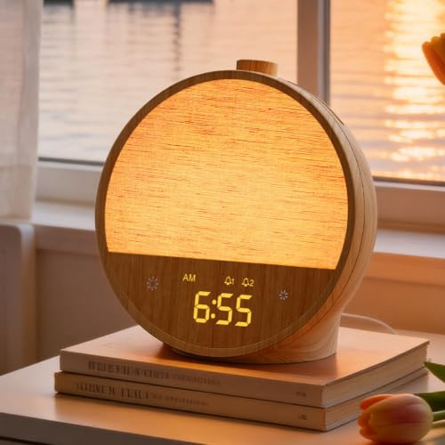 blonbar Despertador de luz diurna, despertador con luz al amanecer, lámparas de noche con 10 sonidos naturales y 10 sonidos blancos, lámpara de mesa con luz nocturna de ambiente RGB, despertador suave