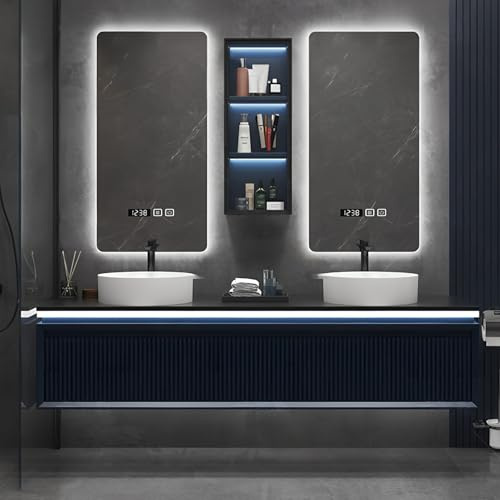 Mobile da bagno galleggiante con doppio lavabo con specchi intelligenti, armadietto in vetro e piano di lavoro in ardesia, soluzione moderna per riporre oggetti a parete