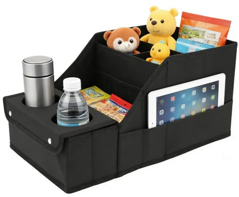 crayfomo Car Boot Organiser with Cup Holder, Foldable Car Seat Organiser for the Front or Back Seat, Multi-Compartment Car Organiser Storage for Van Trunk Car Accessories