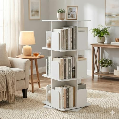 HAGO24 | Drehbares Bücherregal 360° | Standregal | Drehregal | 3 Ebenen | Weiß matt | 40x94cm | Buchstützen | platzsparend