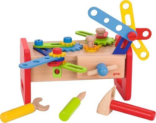 goki 58501 - Werkbank aus Holz & Kunststoff, Holzspielset für Heimwerker inkl. Hammer, Schrauben, Dreher und vieles mehr, fördert Feinmotorik und Fantasie der Kinder, 36er Set, ab 3 Jahre