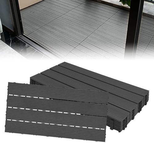 Froadp 60x30cm WPC Carrelage de sol en Plastique Composite, Revêtement de sol Extérieur, Dalles en Bois-plastique Extérieur, Caillebotis Système Plug-in pour Terrasse Jardin Balcon(6 pcs, Anthracite)