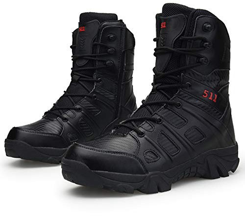 Bititger - Botas de desierto militares de piel, impermeables, con cremallera, botas tácticas y de combate para hombre, para patrullas, de seguridad, para policías, color Negro, talla 42 1/3 EU