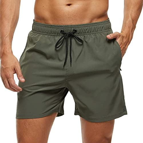 Arcweg Badbyxor med blixtlåsficka för herrar, ventilerande och vattenavvisande badshorts, elastiska träningsshorts, justerbara med dragsko och fodrade med nättyg, Grön, S