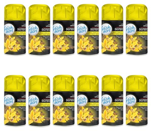 Fresh & More Lufterfrischer Nachfüller Magic Vanille&Wood 250ml (12er Pack) | Raumduft-Spray-Nachfüller, kompatibel mit Freshmatic Max, süß-holziger Vanille-Waldduft