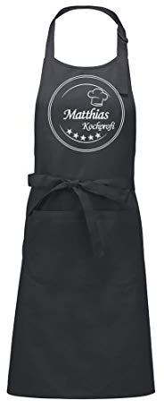 Direkt-Stick.de Schürze mit Namen bestickt, Kochschürze Küchenschürze Latzschürze personalisierbar mit eleganter Stickerei, 100% Baumwolle, Geschenk für Männer und Frauen (dunkelgrau)