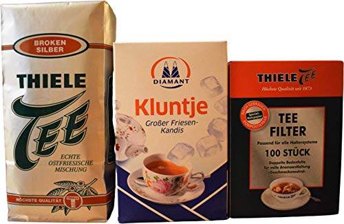 Thiele Tee Broken Silber 500g + Kluntje Friesen-Kandis 1kg + Thiele Tee Filter 100 Stück