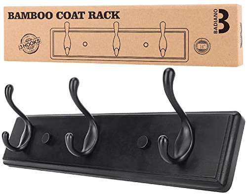 Badiano Wooden Coat Rack, Wall-Mounted Organizer for Closet, Entryway, Hallway, Foyer, Bedroom, Heavy Duty Double Hooks for Hanging Towels, Bags, Hats, Jackets, Key (Black, 3 Hooks)