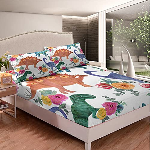 Juego de Ropa de Cama de Dinosaurio para niñas y niños, Juego de Cama Floral, Animales de la Selva, Flores, Juego de sábanas de Acuarela, 2 Piezas de Vida Silvestre, tamaño único