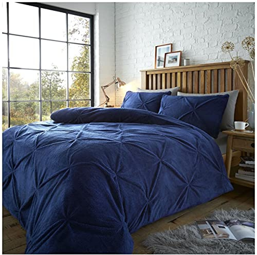 GC GAVENO CAVAILIA Teddy Fleece Duvet Cover, Luxury Quilt Pleated Bed Covers Soft & Cosy Pintuck Bedding, Single, Navy