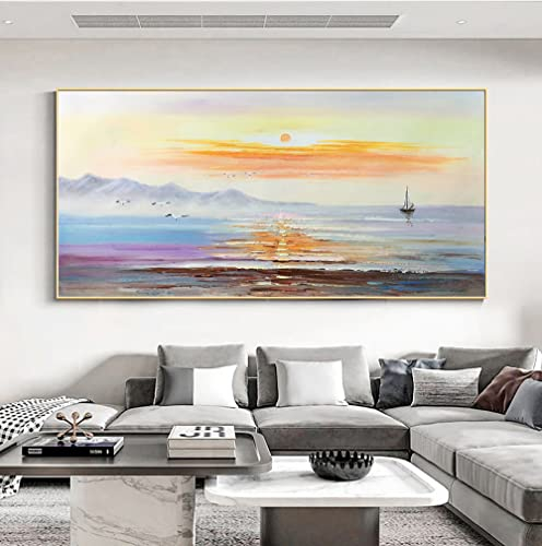 Gemälde, Bunte Textur Meer Segelboot Berge Möwe Sonnenaufgang Landschaft Moderne Abstrakte Rahmenlose Kunstwerke Handgemalte Ölgemälde Auf Leinwand Wandkunst Für Wohnzimmer Schlafzimmer B