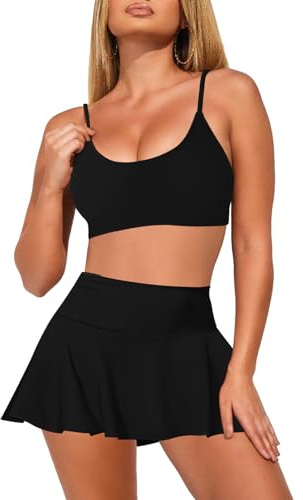 Pink Queen Women Bikini Set Summer Two Piece Swimsuit High Waisted Swim Skirt Bottom Tummy Control 2 Pcs Bathing Suit Tankini 2026 Size L, Black