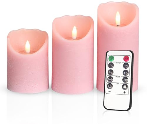 Meisterhome® 3er-Set Flammenlose LED Kerzen - Hellrosa - Rustik Design Stumpenkerze - mit Fernbedienung – mit Timer - Batteriebetrieben – Warmweiß - 10/12,5/15 cm hoch - mit flackernder Flamme