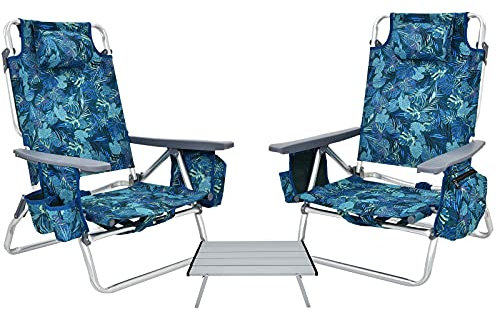 GIANTEX Chaises de Plage Pliable 3 Pcs, Chaises de Camping 5 Positions avec Dossier Haut et Table Enroulable, Chaise de Jardin Inclinables Charge 136 KG (Marine)