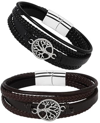 MILAKOO Herren Armband PU Lerder Armreif Lebensbaum Kreuz Bambusfugen Mehrschichtig Geflochten mit Magnetverschluss Geschenk für Papa Sohn