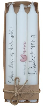 Kilala Stabkerzen Muttertag, Geschenk für Mama und Oma, Weiß, mit Sprüchen 'Schön, dass es dich gibt!', 'Danke Mama', 3er Set, Dekoration für Geburtstagsfeiern