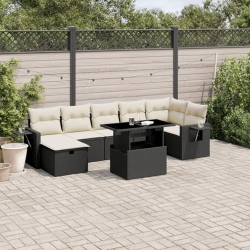 Rantry 8-TLG. Garten-Sofagarnitur mit Kissen Balkonmöbel Gartenmöbel Set Gartensofa Loungesofa Modular Terrassensofa Sitzgruppe mit Tisch Terrassenmöbel Schwarz und Cremeweiß Poly Rattan