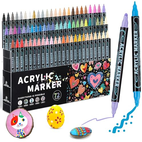 Mzh Art 72 Farben Dual Tip Acrylfarbe Stifte, Paint Pens Markers Double Tip Mit Doppelspitze für Holz, Steinmalerei, Glas, Leinwand, DIY Handwerk Kunstbedarf