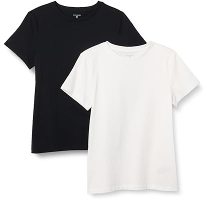 Amazon Essentials Women's Regular Fit 100% Cotton Crewneck Short Sleeve T-Shirt, Pack of 2, Black/White, Large