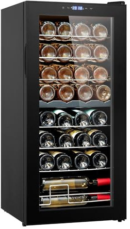 VEVOR Enfriador de Vino para 32 Botellas de Doble Zona y Temperatura, Independiente con Control Digital, Puerta Vidrio Templado Protección UV, Vino Tinto y Blanco para Bar en Casa, 430 x 450 x 943 mm