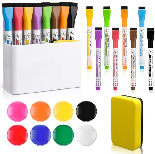 Vyuwast 18 Stück whiteboard Zubehör Set, 1x Magnetischer Stiftehalter, 8 x Stifte, 8 x Magnete, 1x Schwamm, für Schule, Büro, Kühlschrank